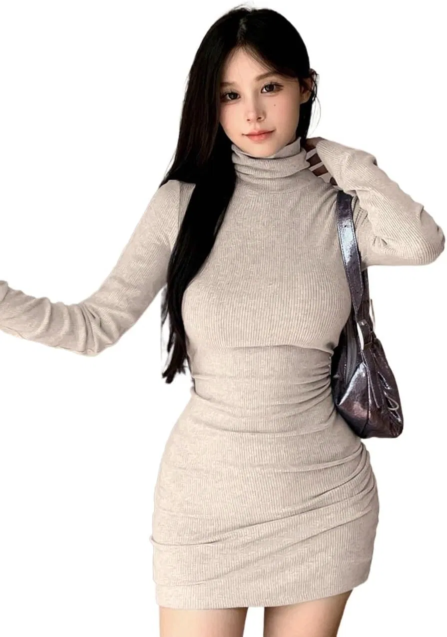 Женское облегающее платье с высоким воротником Ribbed Knit, Apricot — фото 3