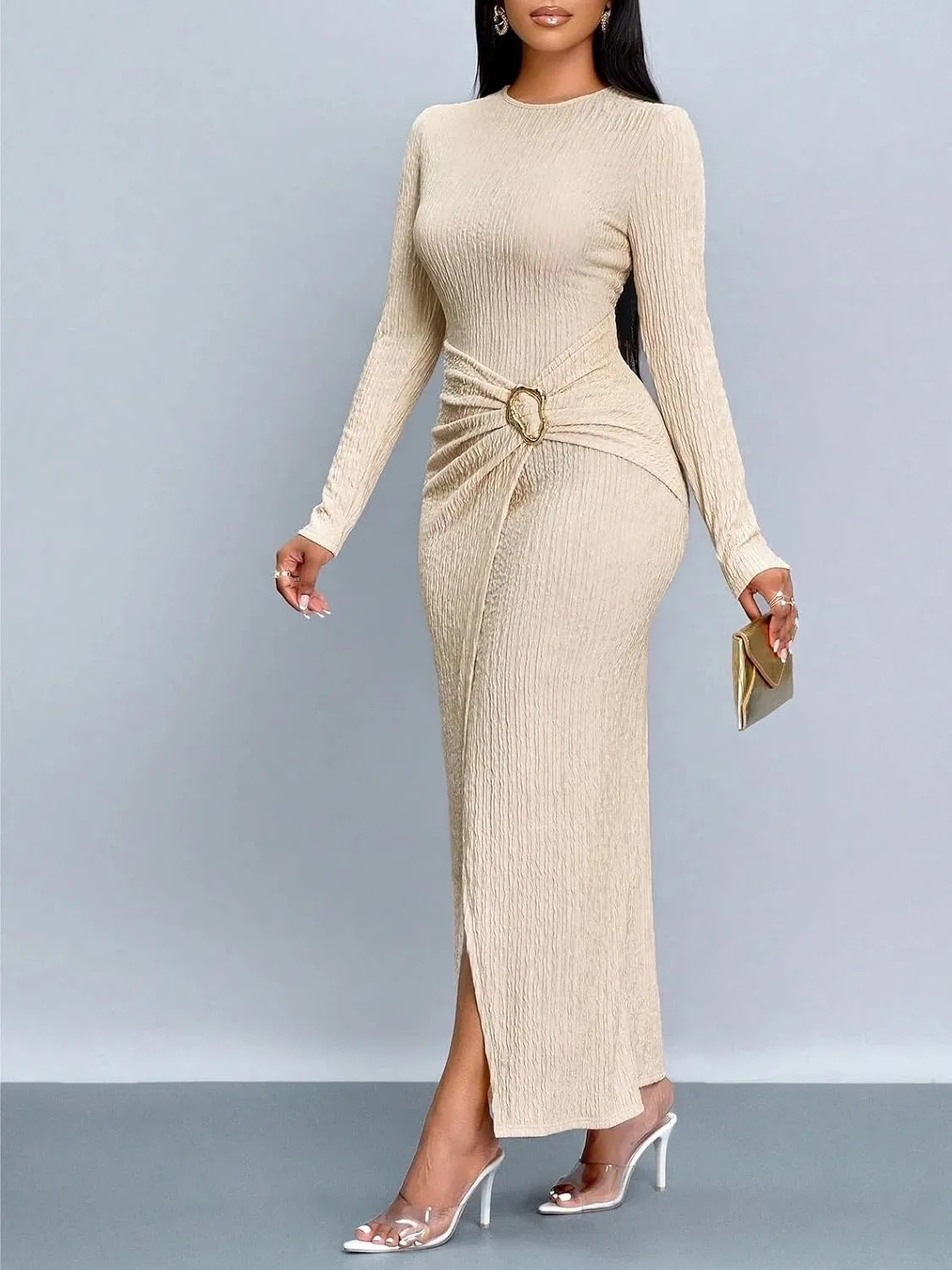 Женское повседневное платье макси с длинным рукавом Twist, Apricot — фото 3