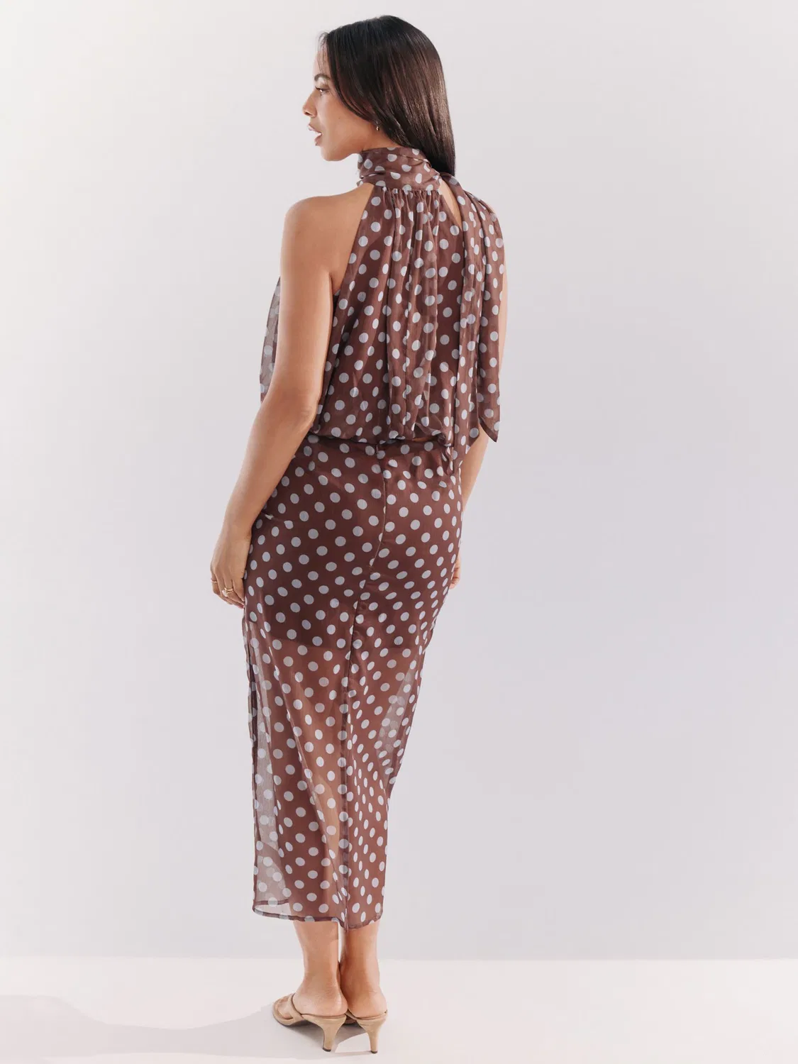 Юбка миди Polka Dot Lightweight Midi Skirt Next, шоколадный коричневый/синий в горошек — фото 3