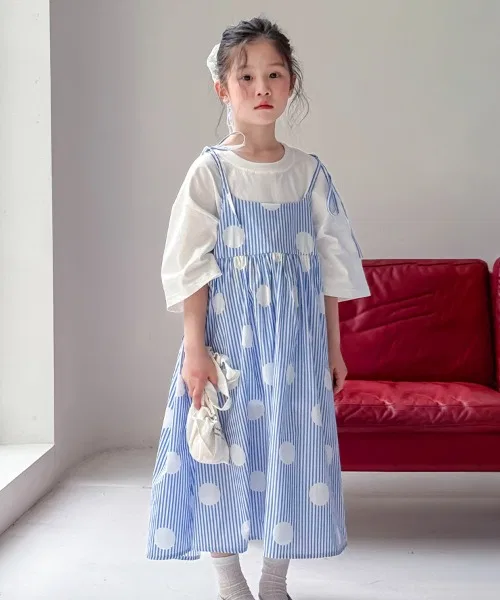 Детский комплект из топа и шорт с принтом полоска и горошек ONEP STAR, Blue/White