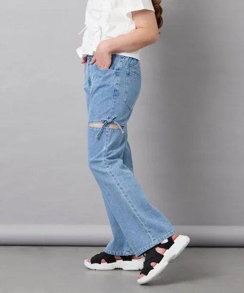 Детские брюки-флейм с разрезом и бантом, модель Slit Ribbon Flare Denim, a.v.v, Dark Indigo Blue