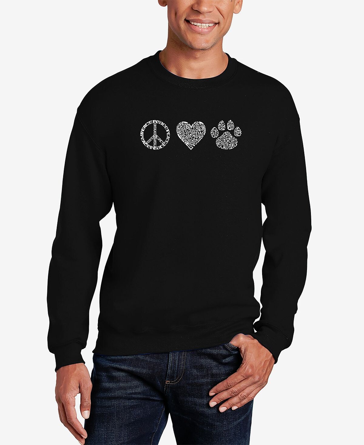 

Мужская толстовка с круглым вырезом peace love cats word art LA Pop Art, черный