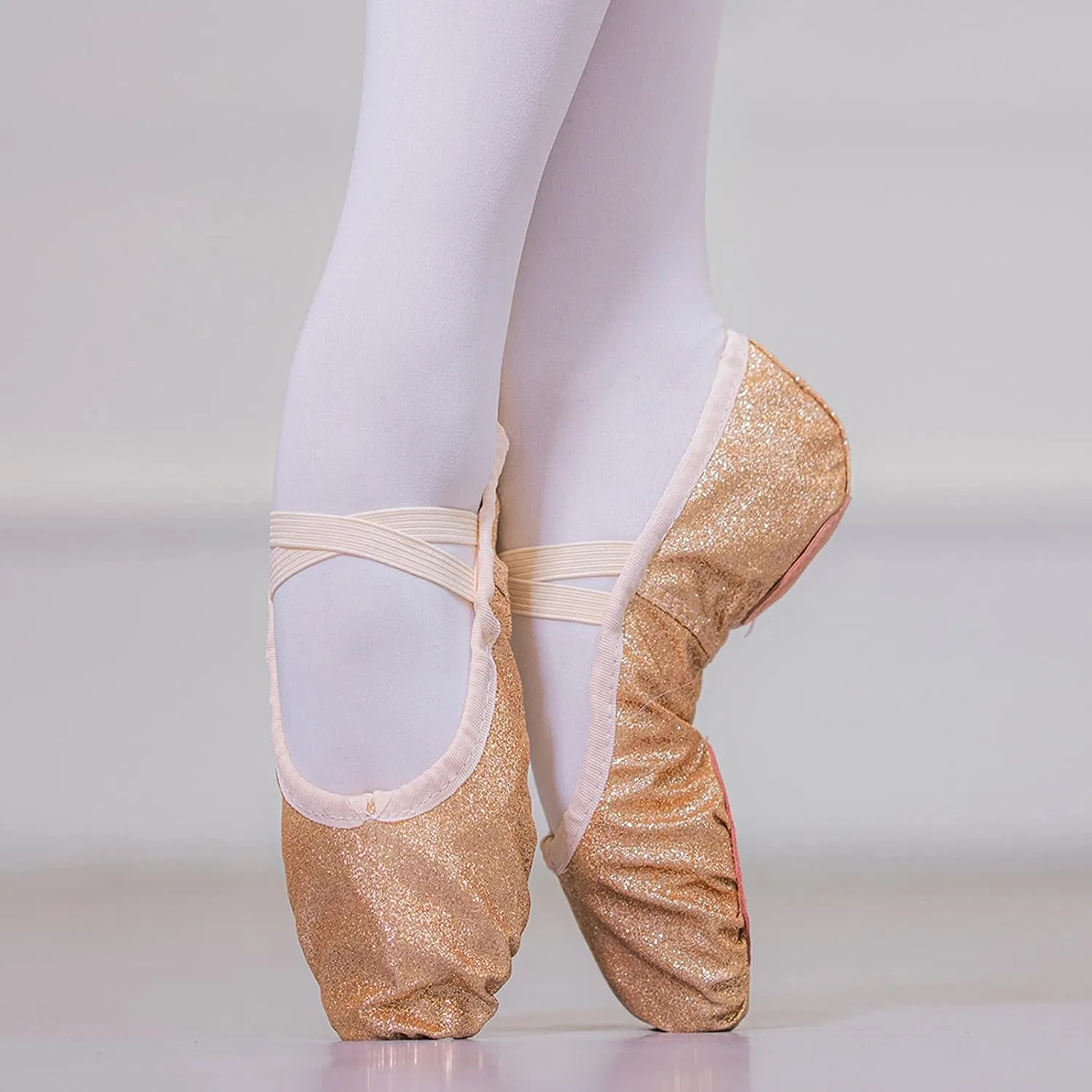 Детские балетки для девочек с блестками и принтом, модель Girls Ballet Shoes Glitter Split-Sole Dance Slippers, Rose Gold — фото 4