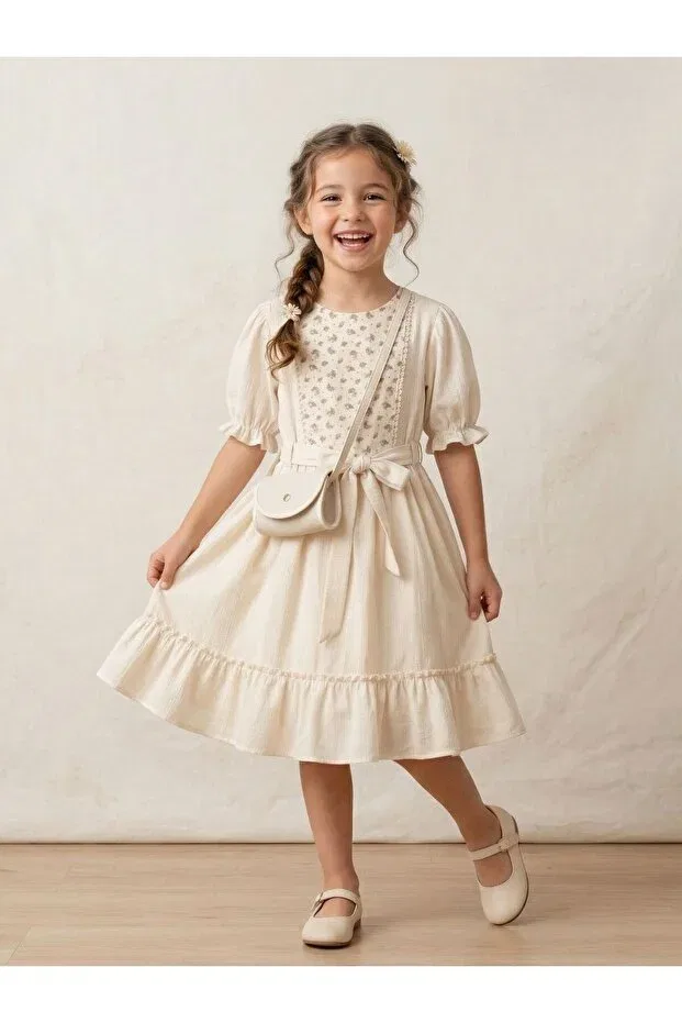 Детское платье для девочек с принтом Little Rose Bag Cherrys Bebek, Cream