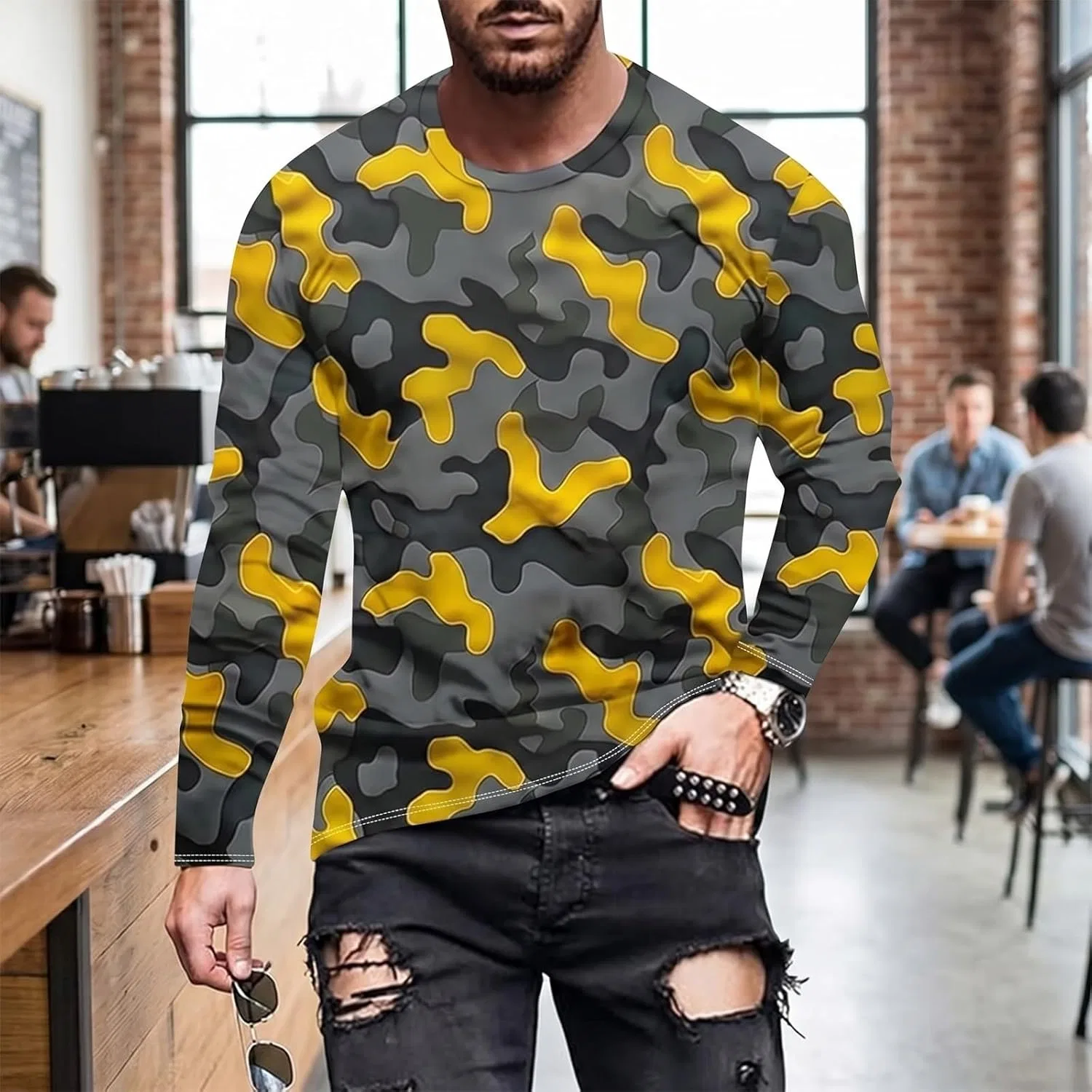 Мужская футболка с камуфляжным принтом Long Sleeve Shirts, Gray — фото 3