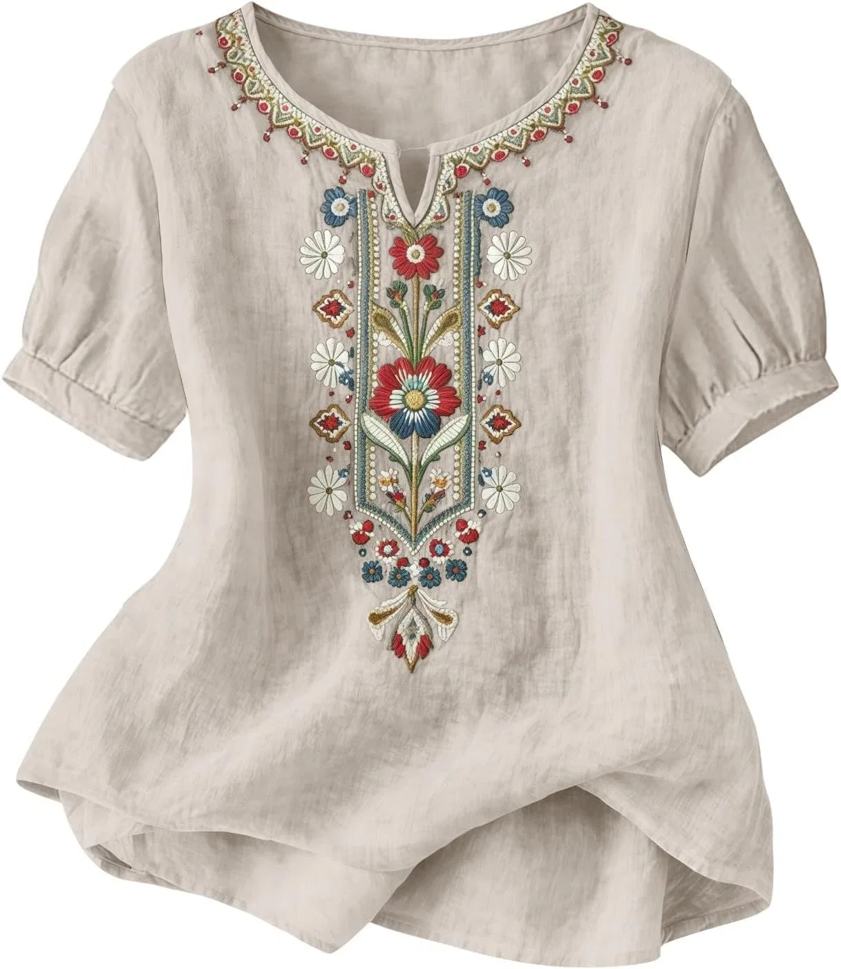 Женская туника с вышивкой Cotton Linen Gauze Simple Summer Tunic Blouses, бежевый — фото 4