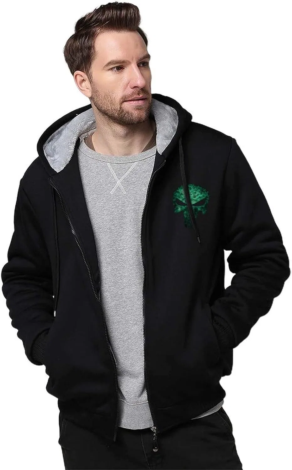 Мужская толстовка на молнии Green Punish1 Skull Trendy из плотного флиса с капюшоном