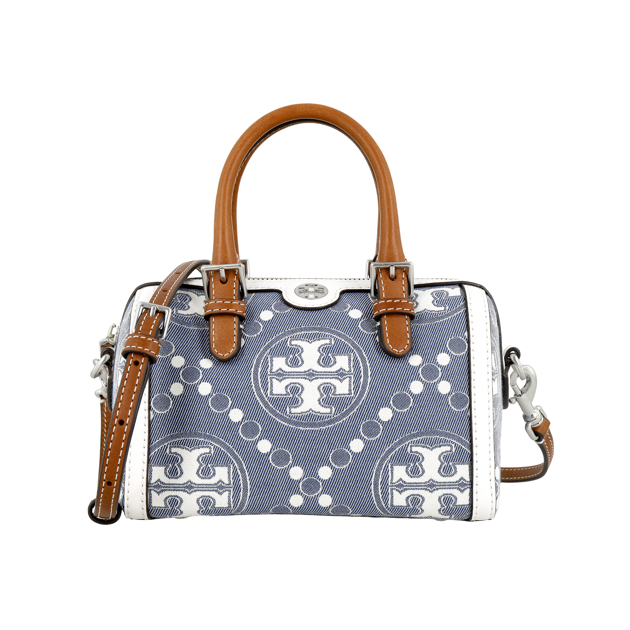 

T Monogram Джинсовый Жаккард С Отделкой Из Телячьей Кожи Бостонская Сумка Нагрудная Сумка Маленький Размер Женская Жемчужно-Голубая TORY BURCH