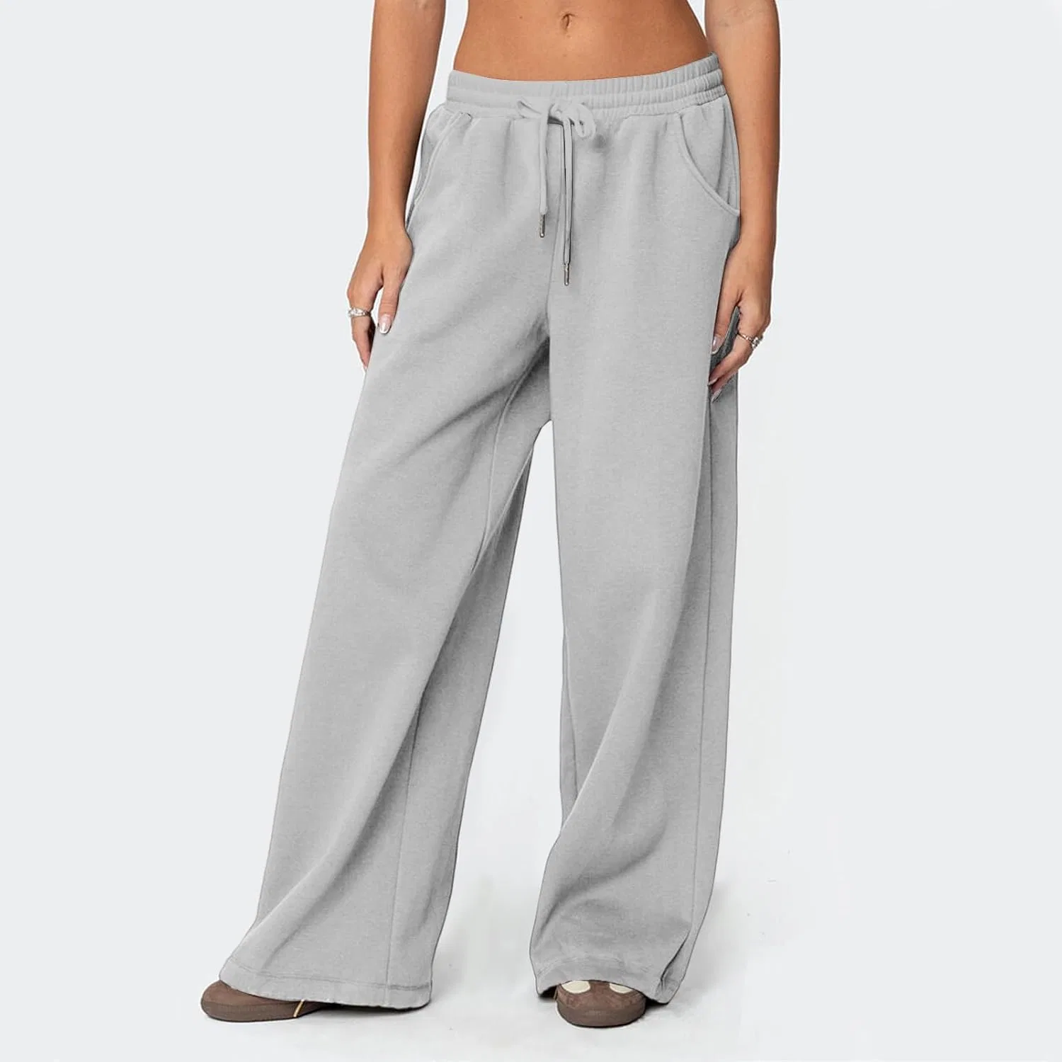 Повседневные брюки женские широкие sweatpants с высокой талией, карманами и шнурком, эластичные, мешковатые, свободные, удобные, в стиле streetwear Generic, серебряный — фото 2