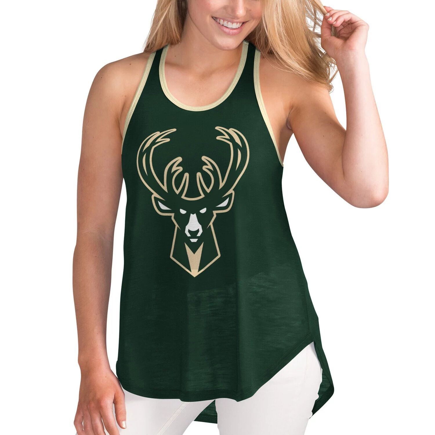 

Женская майка G-III Sports от Carl Banks Hunter Green Milwaukee Bucks Showdown с круглым вырезом и открытой спиной-борцовкой G-III