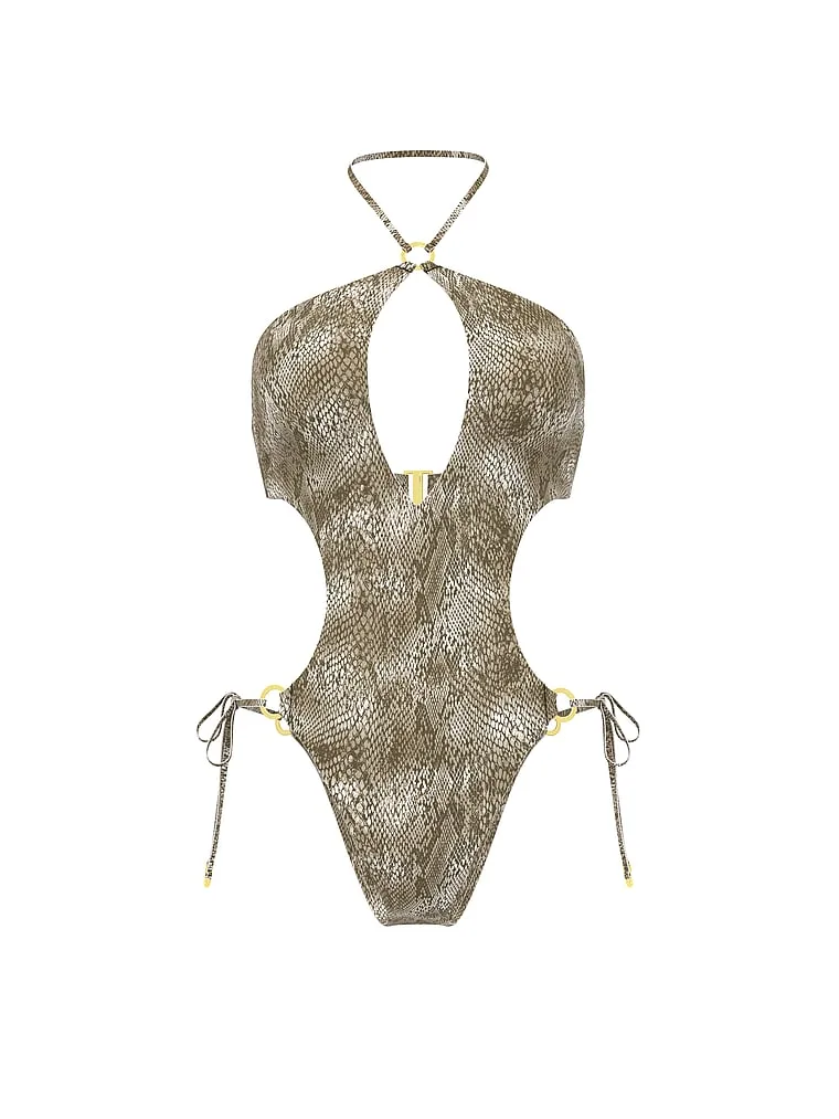 Цельный купальник Victoria'S Secret Swim, монокини с завязками на шее, гламурные кольца, принт змеиная кожа — фото 4