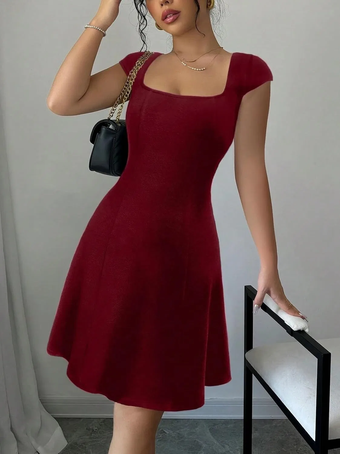 Женское A-силуэта мини-платье с квадратным вырезом Burgundy — фото 3