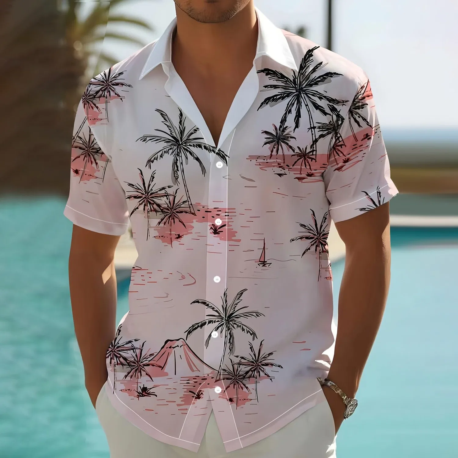 Мужская рубашка с коротким рукавом с принтом Coco Palm, Men's Pink Hawaiian Shirt — фото 2