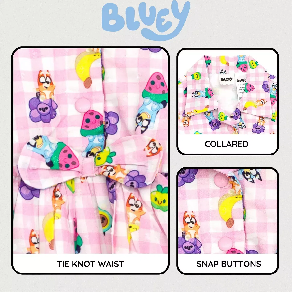 Детское платье для девочек с принтом Gingham Bluey, Цвет Pink — фото 3