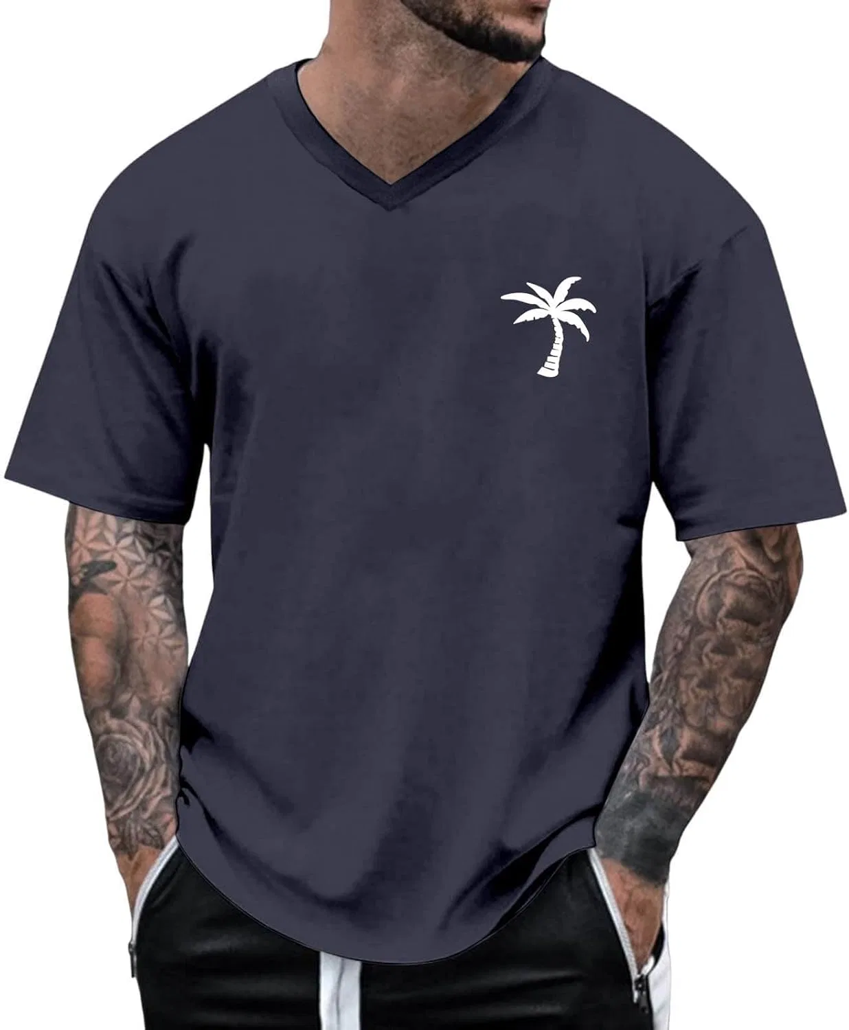 Мужская футболка с принтом пальмы, V-образный вырез, Soft Stretch, Navy