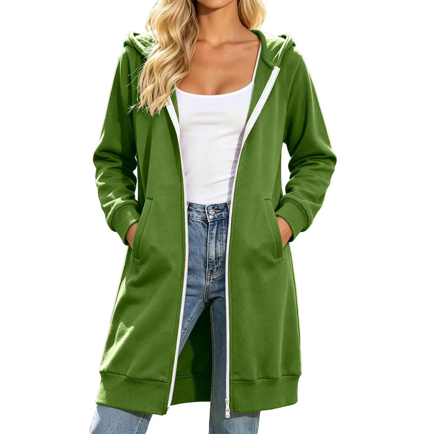 Женское пальто из флиса с капюшоном и карманами, Verde