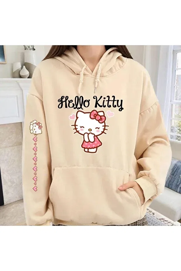 Детские свитшот для девочек с принтом Hello Kitty Printed 3 Thread Oversize Beige Color Hooded Children's Sweatshirt Keywest, Beige — фото 2