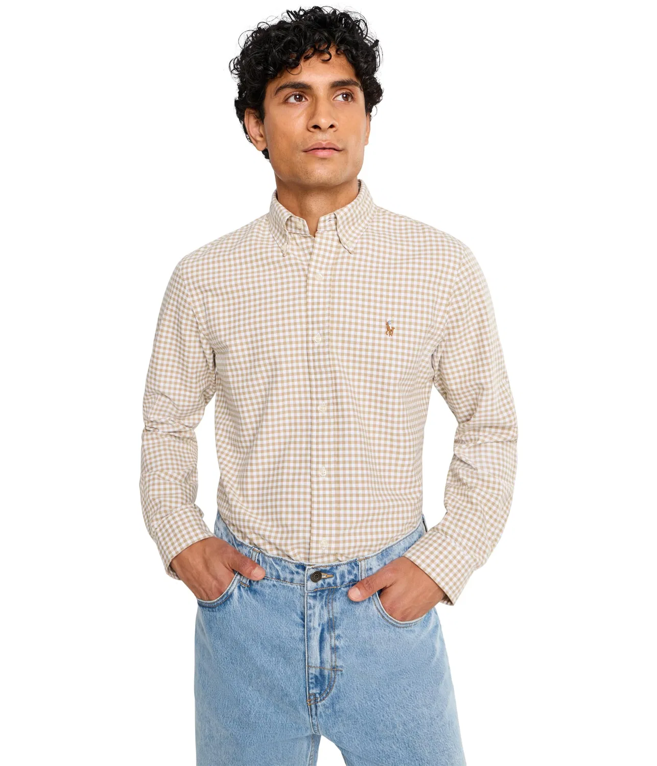 Оксфордская рубашка в клетку, индивидуальный крой Custom Fit Gingham Oxford Polo Ralph Lauren, Coastal Beige/White