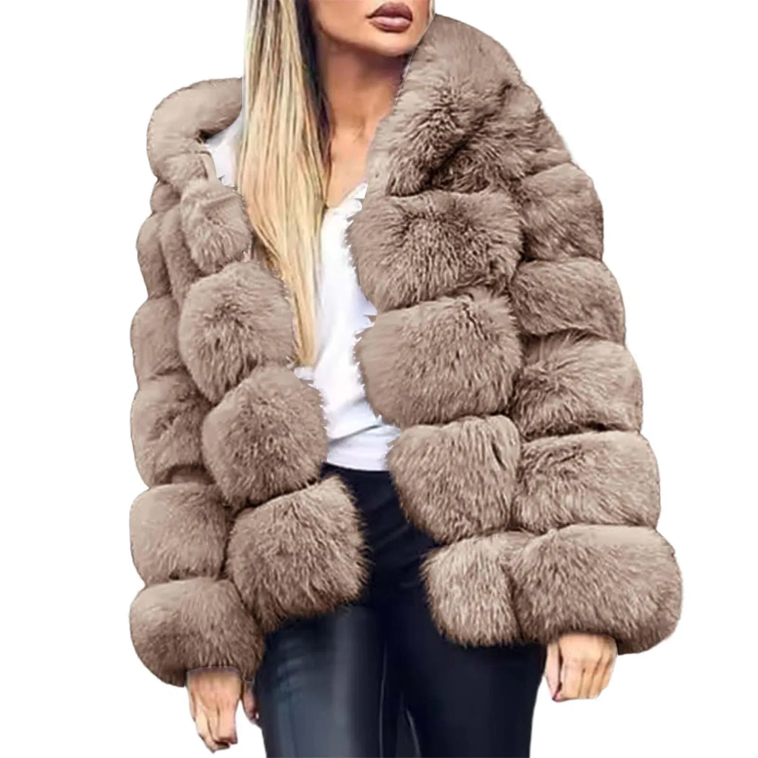 Женское утепленное пальто с капюшоном из флиса, Beige-b