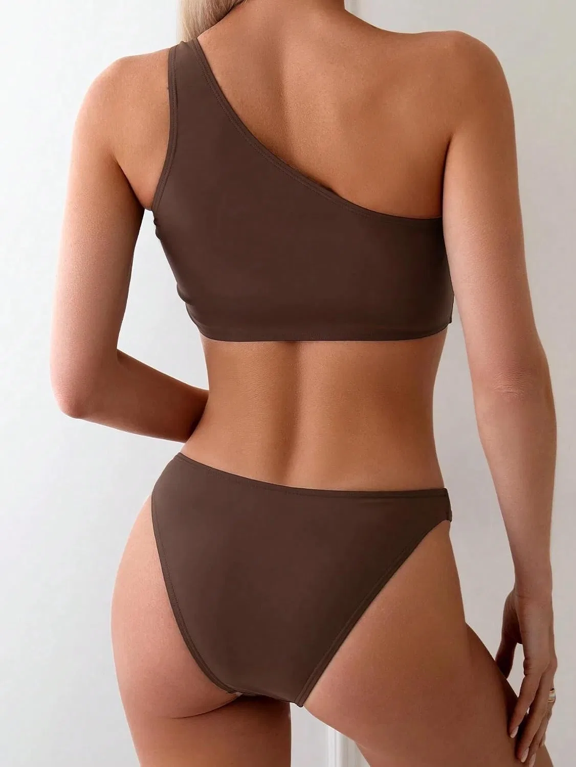 Женский асимметричный бикини-сет с высокой талией, Coffee Brown — фото 3