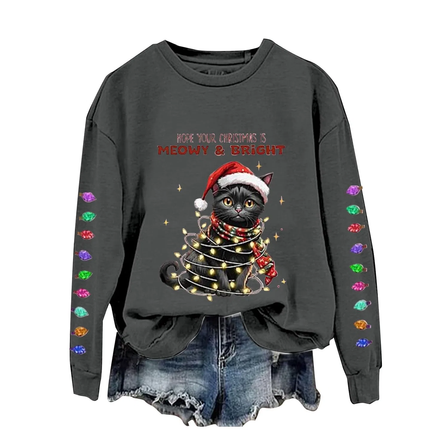 Женский свитшот с принтом Christmas Tree Funny Cat Say What, Z03 Grey