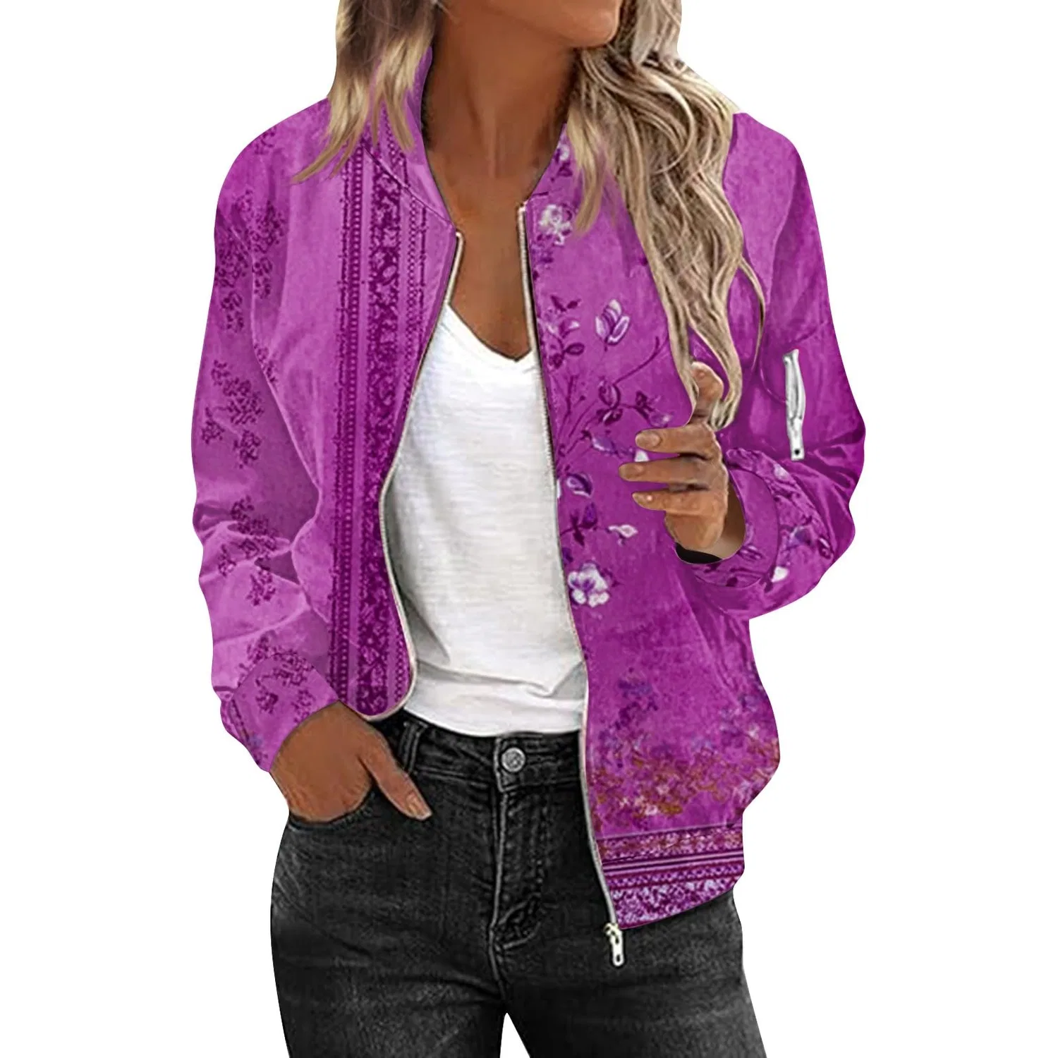 Женская куртка-бомбер с принтом, модель Summer Printed Slim Jacket, Lilac 3 — фото 3