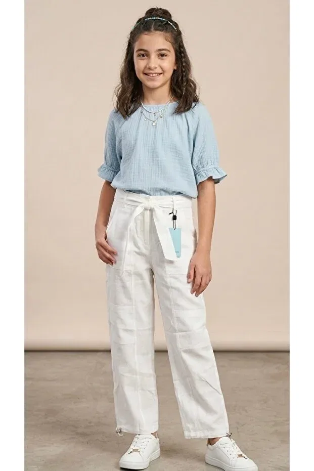 Детские брюки для девочек льняные с карманами Ada Yildiz Kids, White