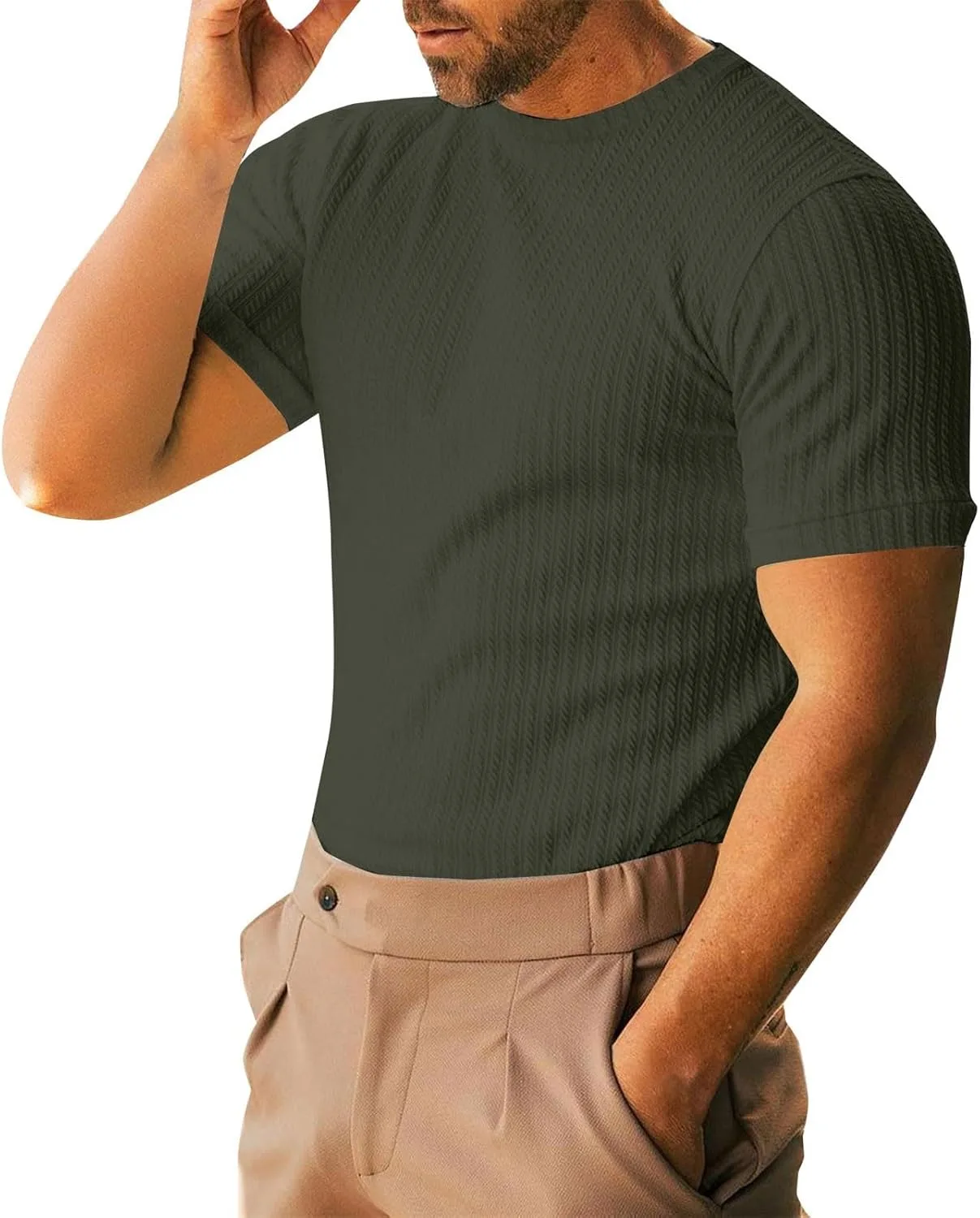 

Мужская ребристая вязаная футболка с коротким рукавом и круглым вырезом