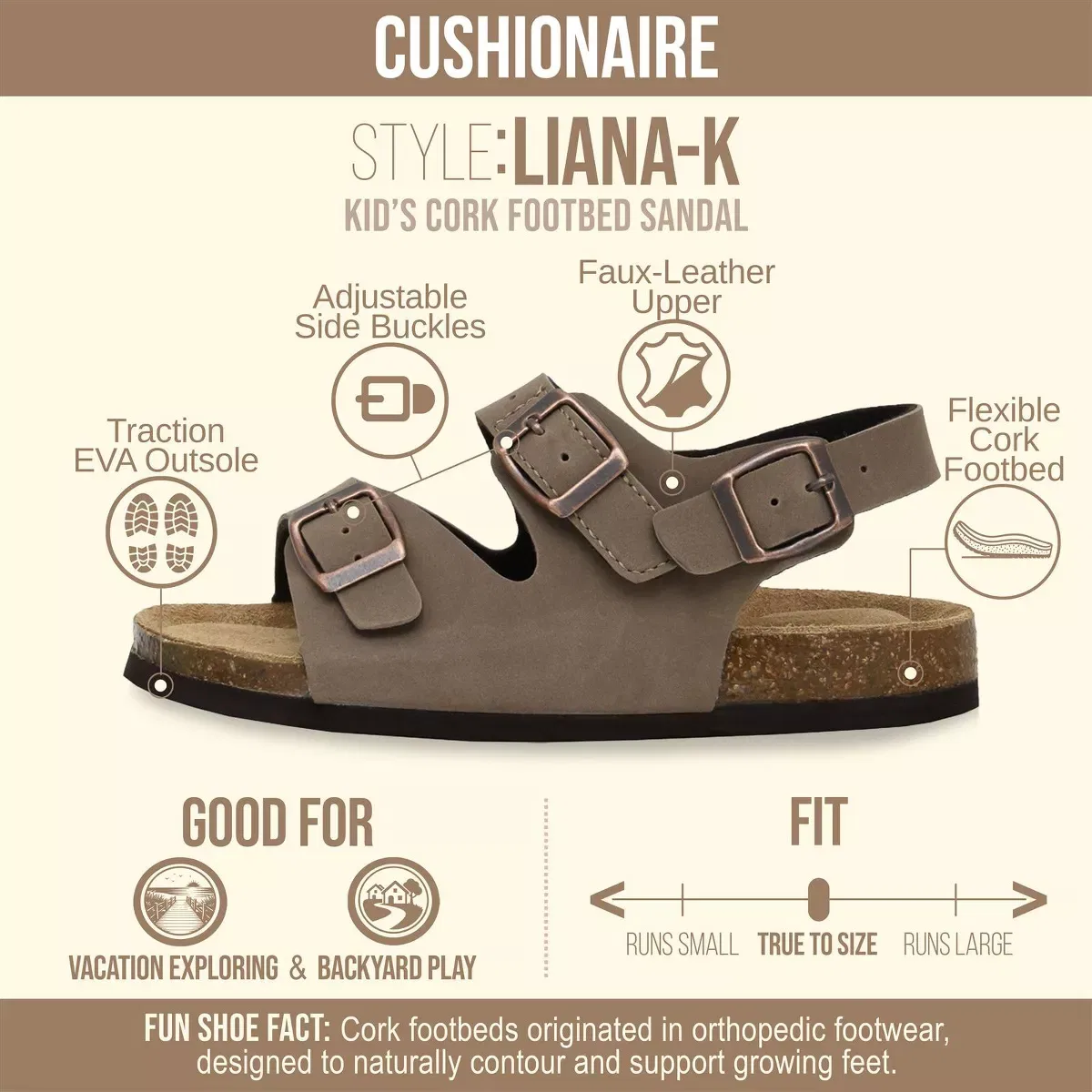 Детские сандалии с регулируемым ремешком на пятке Liana JR CUSHIONAIRE, Brown Nubuck — фото 2