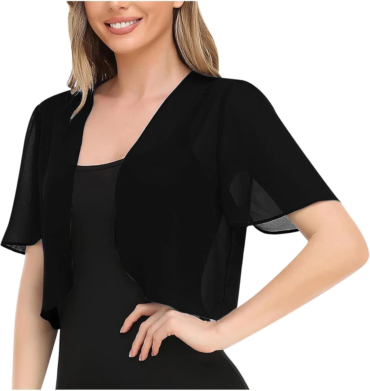 Женский кружевной болеро-кардиган с коротким рукавом, открытый, Chiffon, чёрный