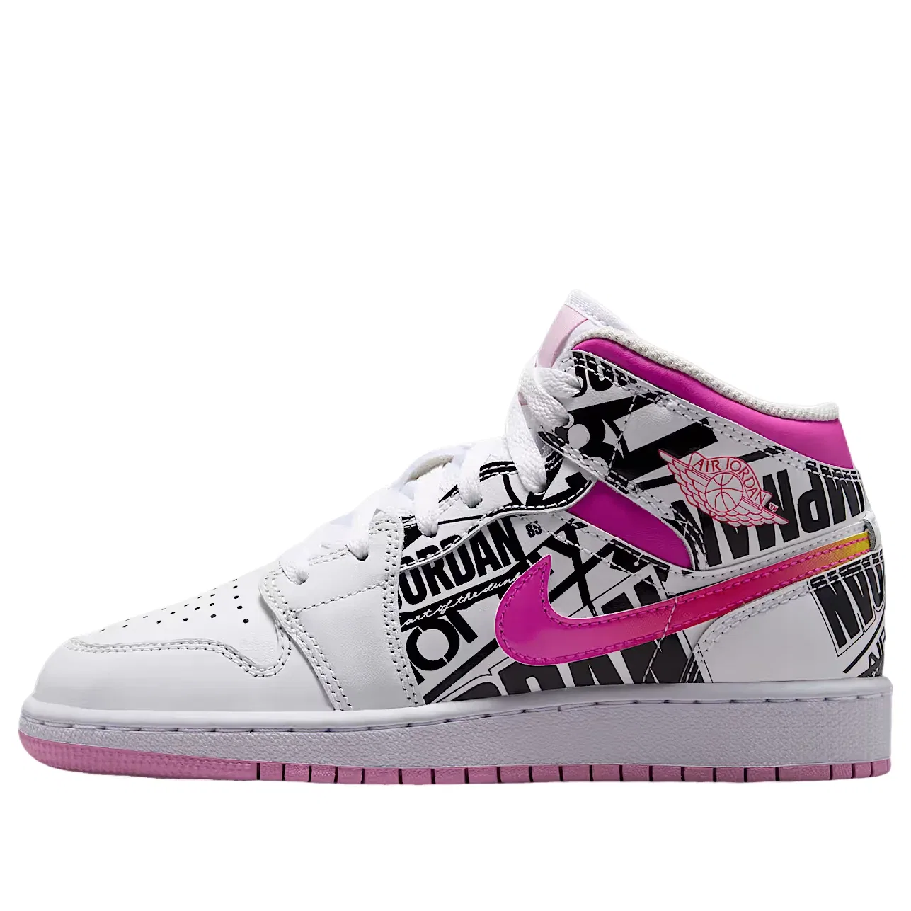 Детские кроссовки с кожаным верхом Air Jordan 1 Mid 'White Fire Pink' Jordan, Off White/University Red/Fire Pink