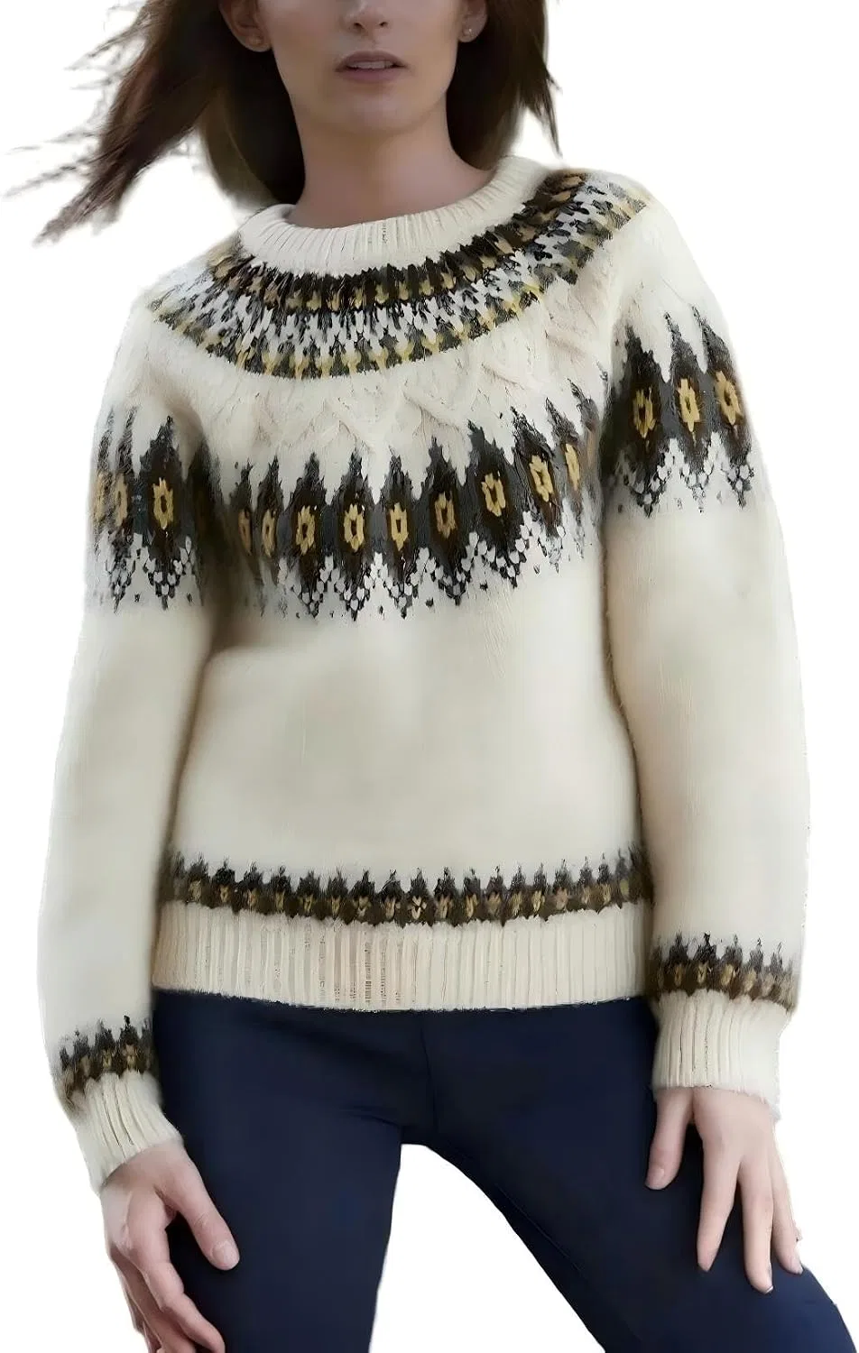 Женский свитер с принтом Fair Isle, модель Vintage Pattern Winter Pullover, бежевый