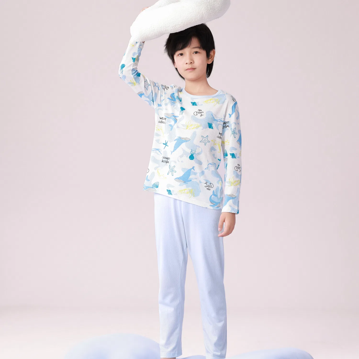 Детский комплект домашней одежды с принтом Red Bean Ocean Animal Pattern, Синий — фото 4