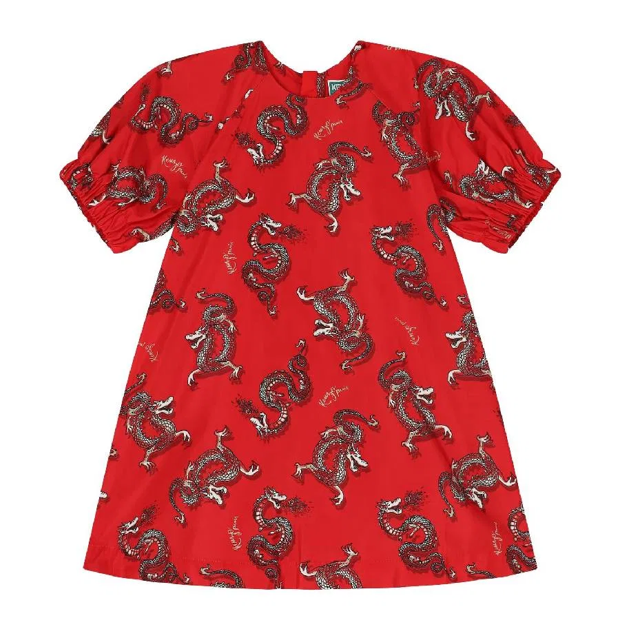 Платье с графическим принтом и рукавом-фонариком Kenzo, Red