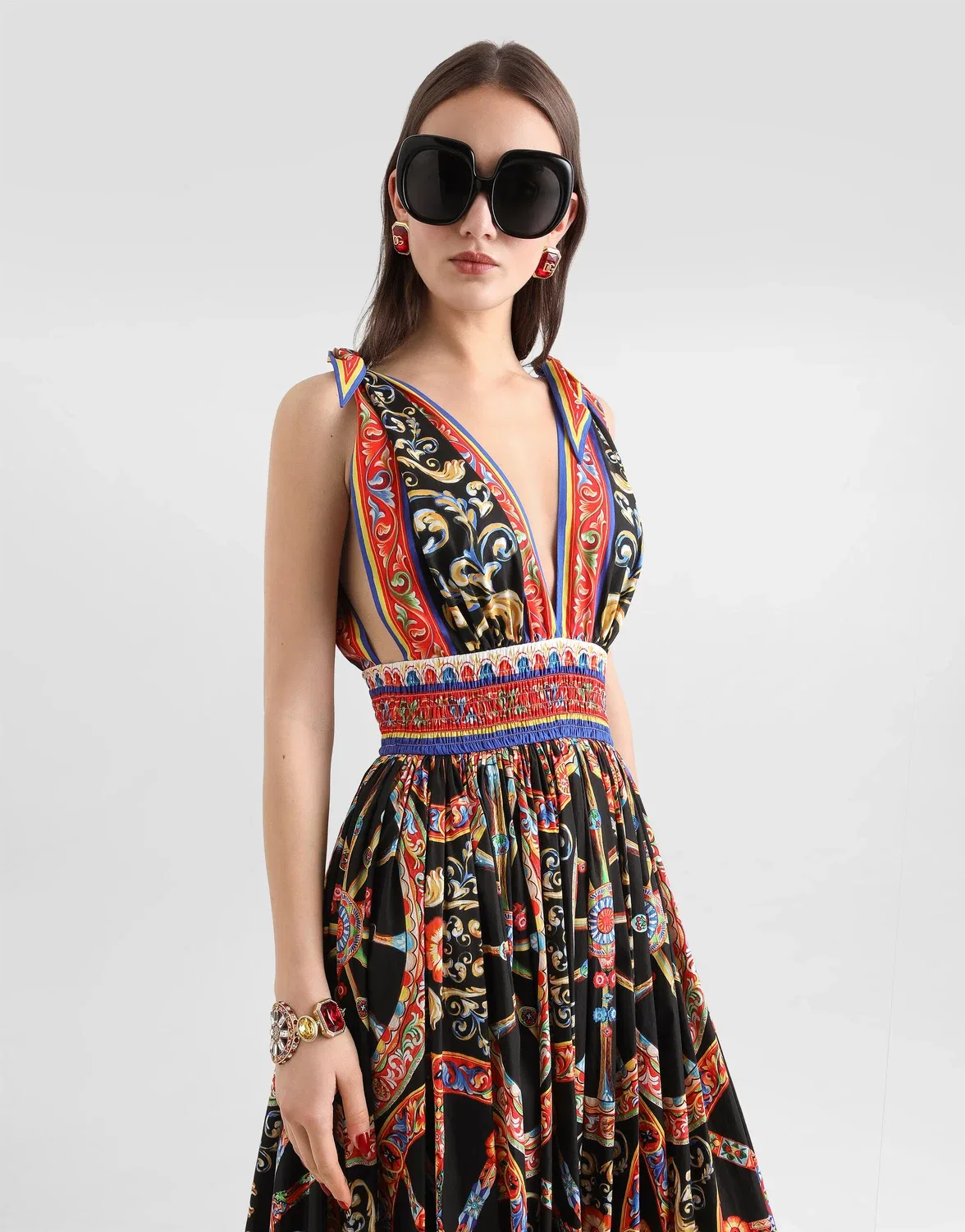 Длинное поплиновое платье с принтом Carretto DOLCE & GABBANA, бежевый — фото 4
