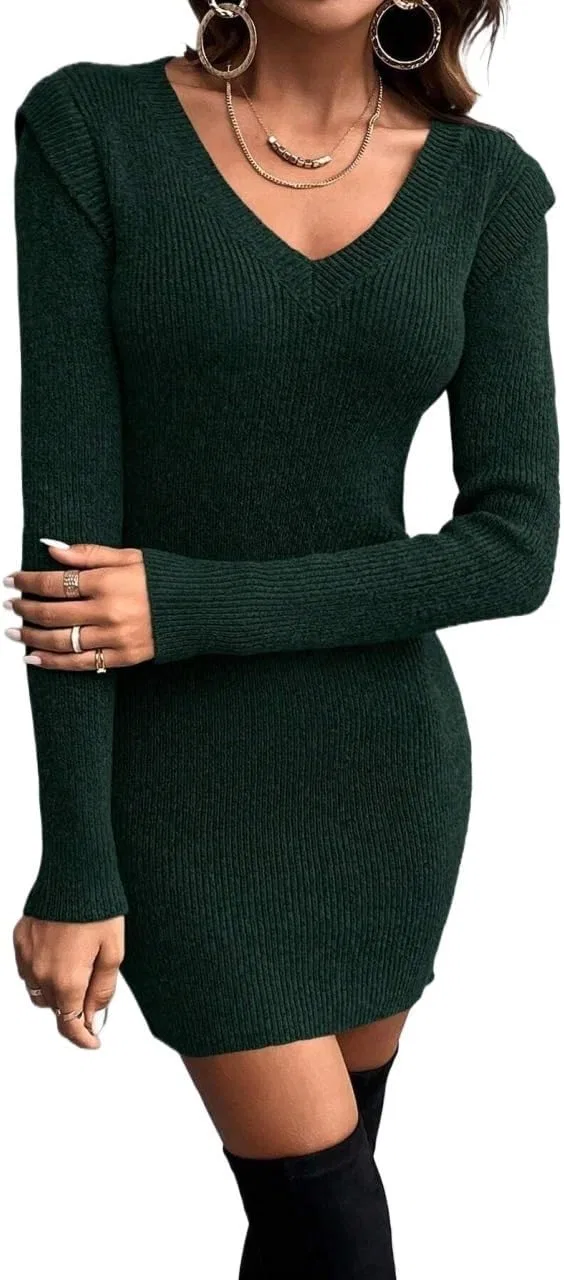 Женское длинное платье с V-образным вырезом Rib-Knit, Dark Green — фото 2