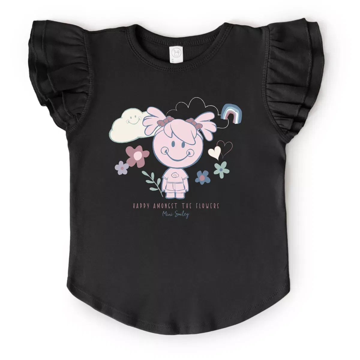 Детская футболка для девочек с коротким рукавом Mini Smiley Happy Amongst The Flowers The Juniper Shop, Black