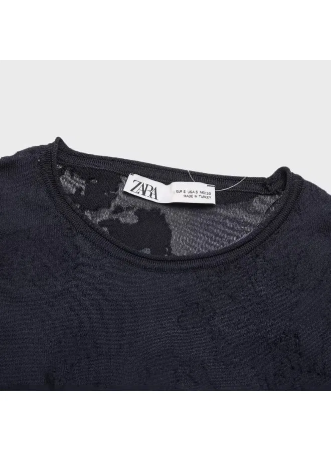 Свитер с кружевной вышивкой Zara, темно-синий — фото 4