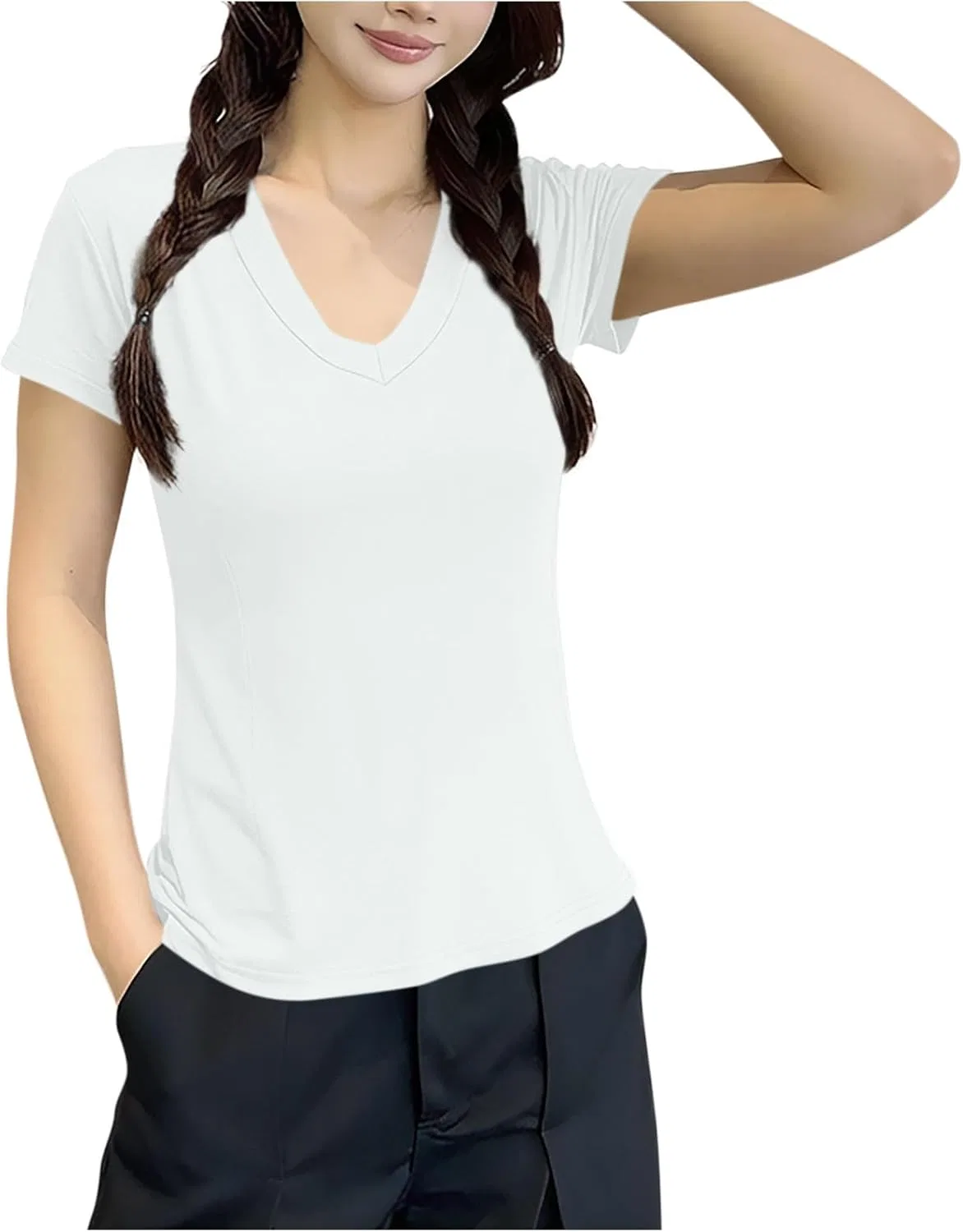 Женская футболка с V-образным вырезом, короткий рукав, Polyester, White — фото 2