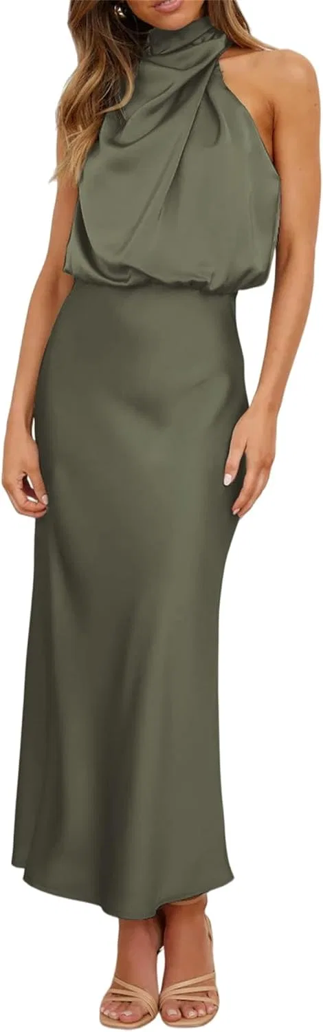 Женское сатиновое вечернее платье макси с имитацией шеи Military Green
