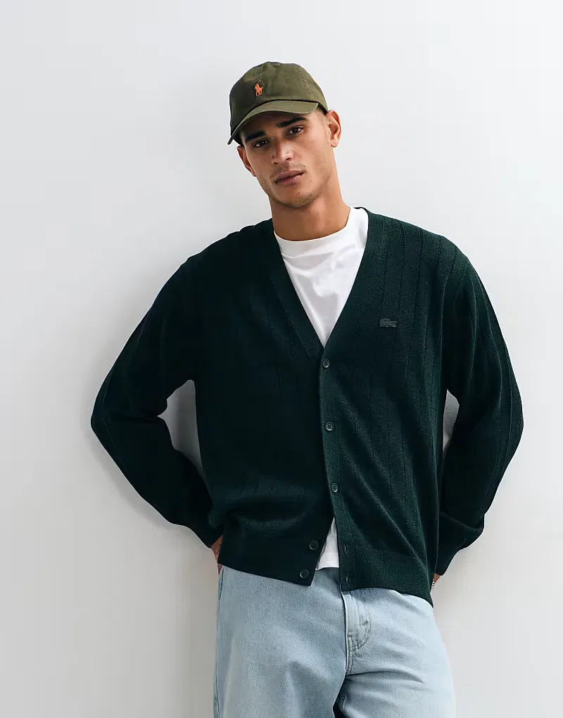 Кардиган Lacoste с V-образным вырезом из хлопковой смеси, зеленый — фото 4