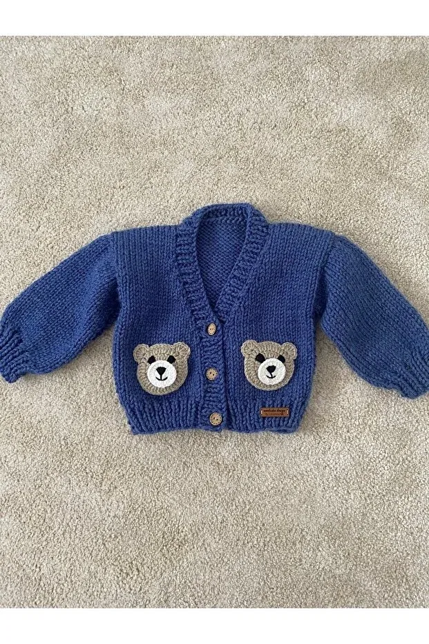 Детский кардиган с принтом Hand Knitted Cute Teddy Bear Detailed Boy's Cardigan Nevalin, Navy Blue — фото 4