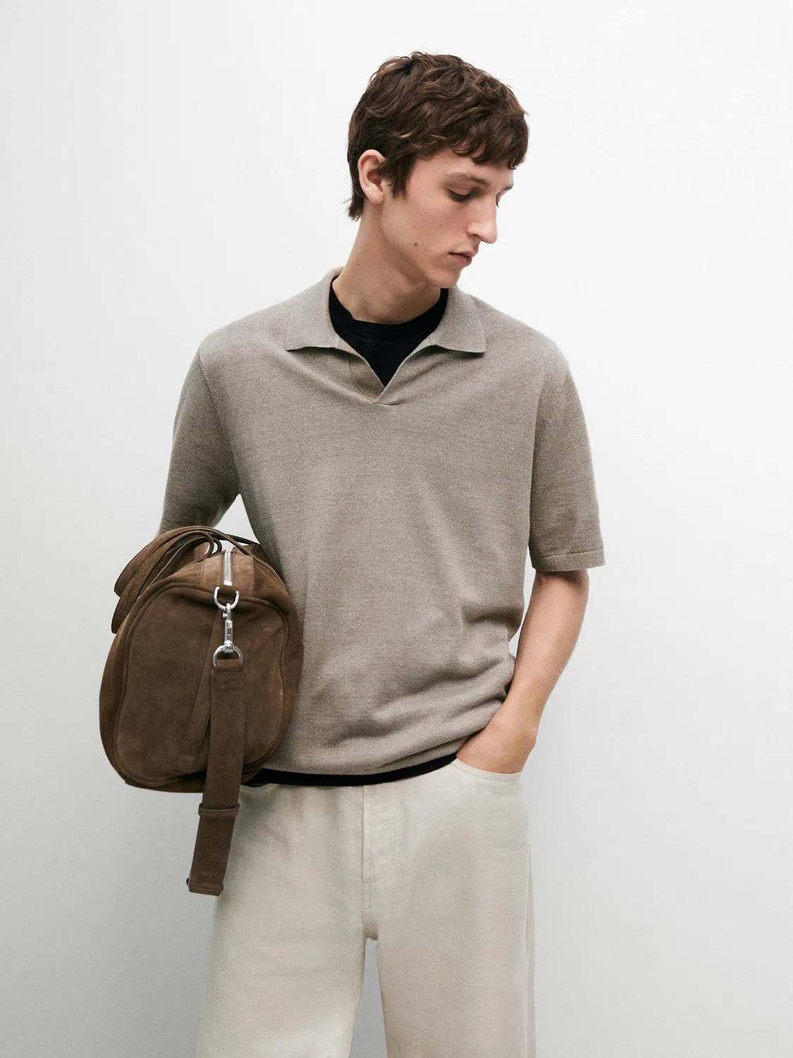 Льняной поло с V-образным вырезом Massimo Dutti, серый — фото 2