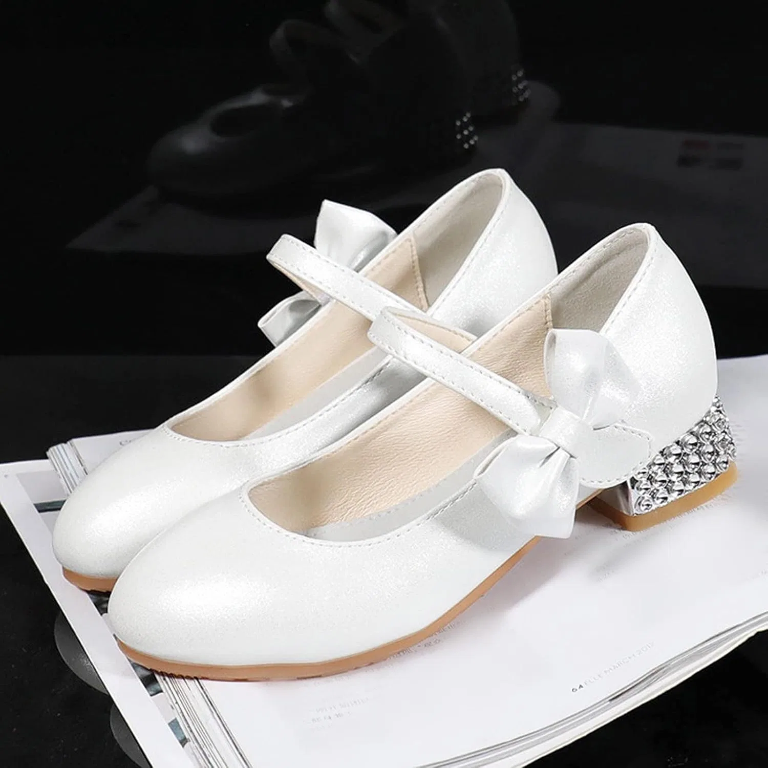 Детские туфли для девочек с бантом Mary Jane Flat Princess Wedding Party Bowknot Child Little/Big Kids School Low Heel Rhinestone Egmy, White — фото 4