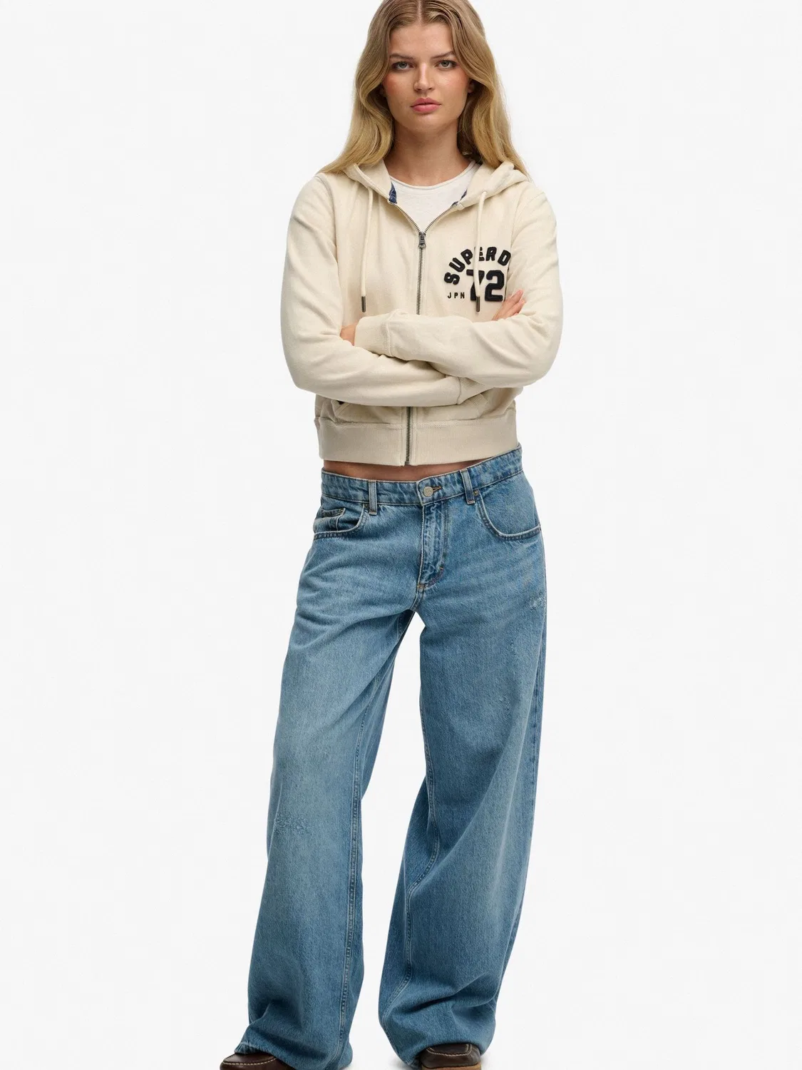 Худи-кроп с zip-застежкой, свободная посадка Superdry, кремовый — фото 3