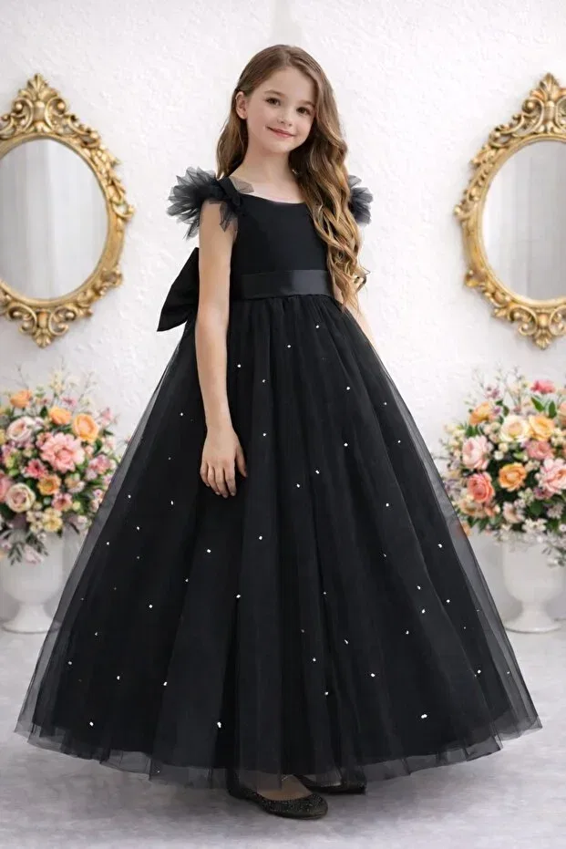 Детское платье для девочек с воланами Ruffle sleeves black long pearls girls princess dress graduation birthday dress Suneh, Black