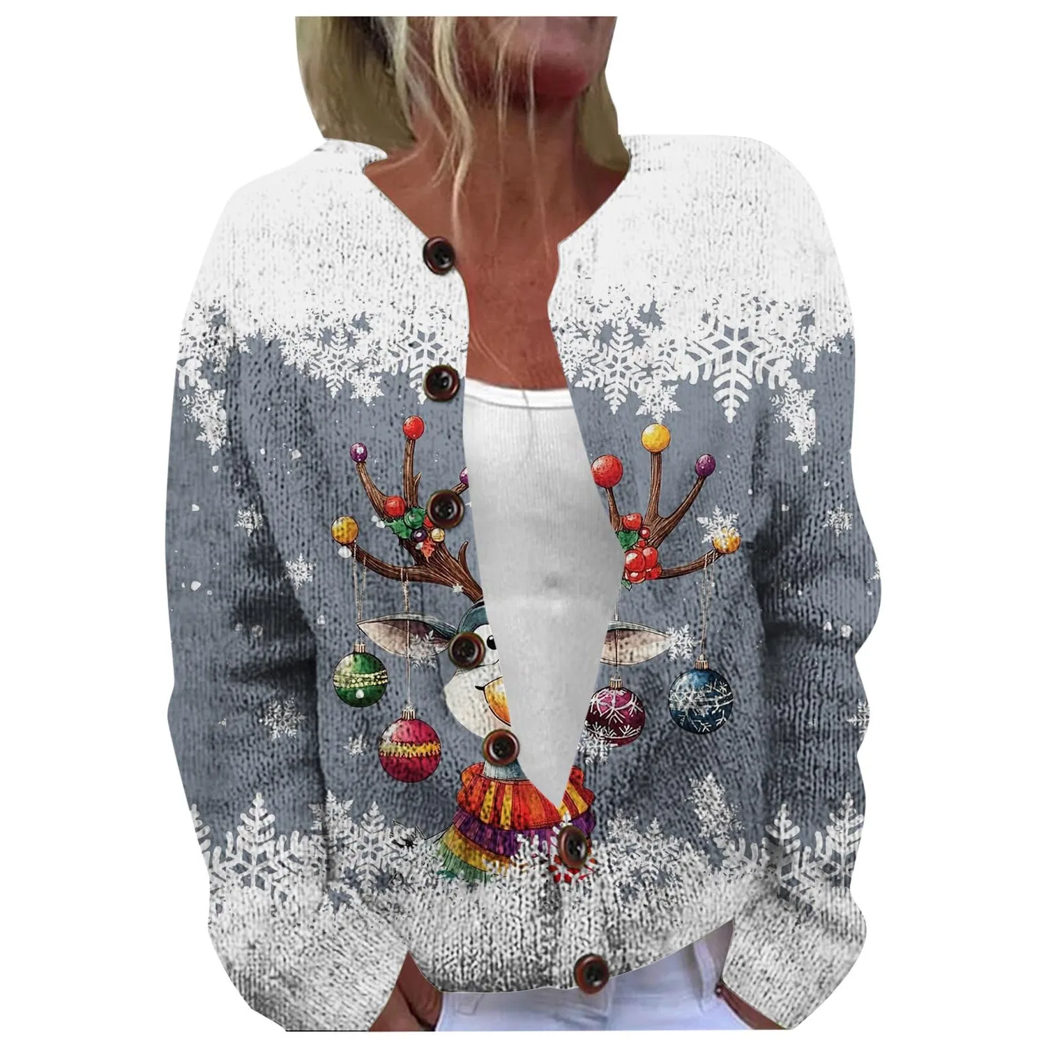 Женское пальто с длинным рукавом Cardigan Noel Donna Cattivissimo Giacca Calda Manica Lunga Casual Vestibilità ampia Cappotto Chic ed Elegante con Bottoni Rigolo Cappotti Confortevole Morbido Versatile Autunno Inverno Natale Giacche, Grigio — фото 3