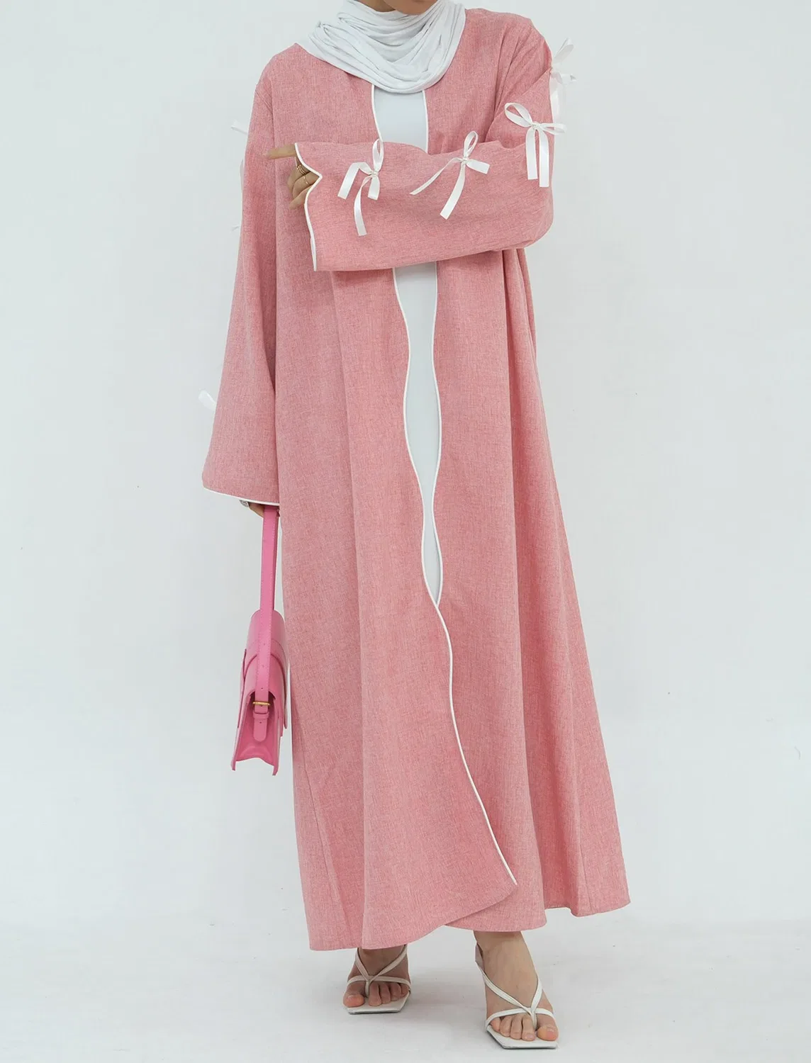 Женское пальто с длинным рукавом Abaya Women's Eid Dresses Long Sleeves Open Front Pearl Bowknot Prayer Dress Ramadan Cardigan Dubai Kaftan, pink — фото 4