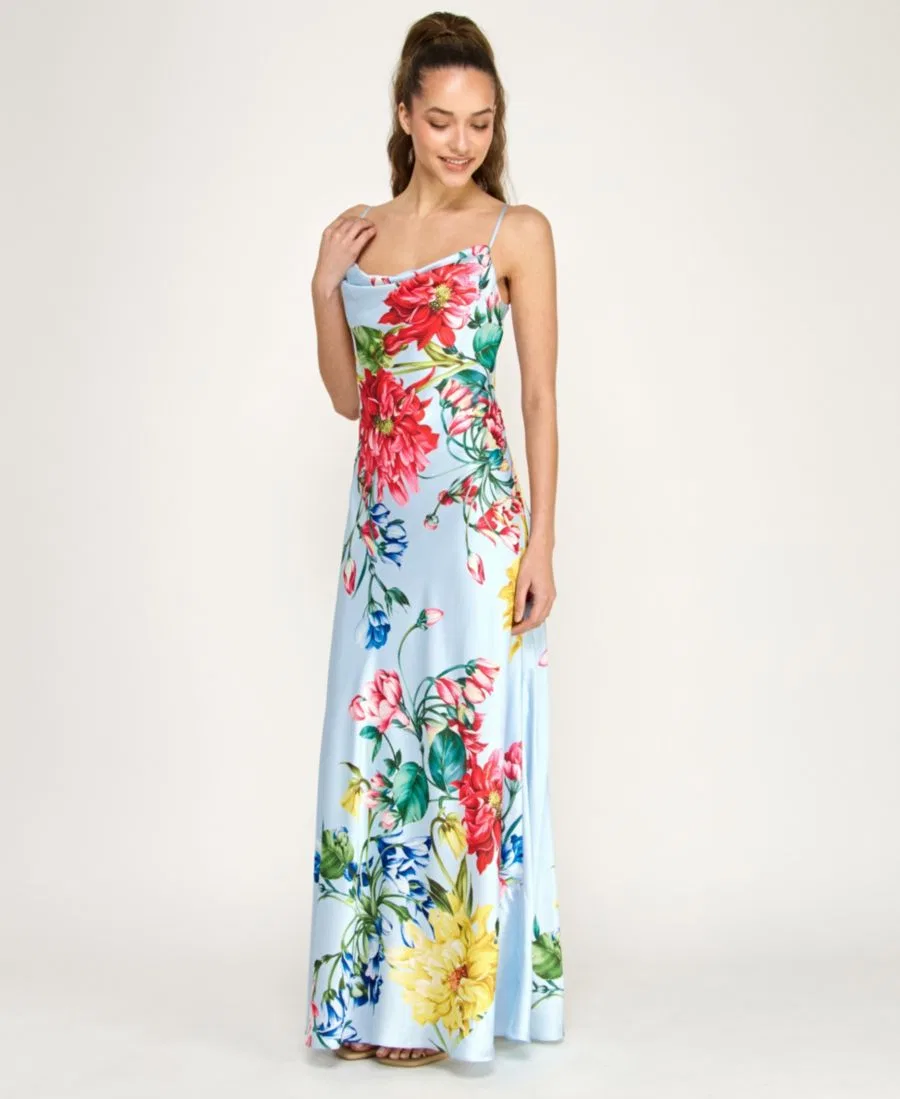 Платье-комбинация с запахом и принтом, модель Cowl Neck Printed Spaghetti Straps Satin Gown B Darlin, Lt Blue/Multi — фото 2