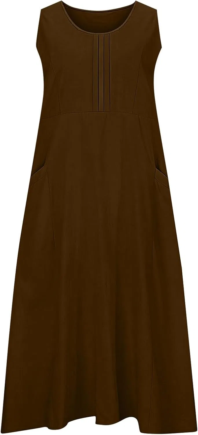 Летнее плиссированное платье из хлопка и льна с карманами, Brown — фото 4